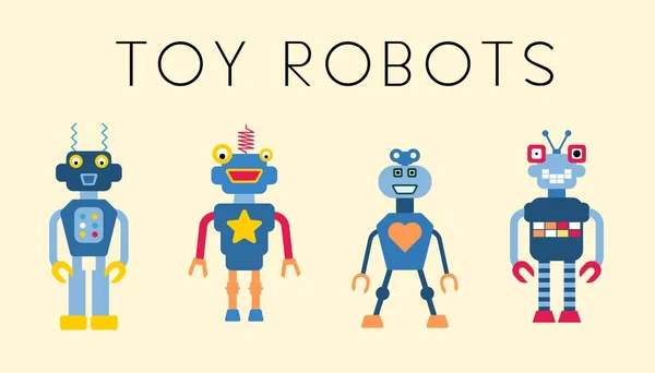 Zabytkowa Kolekcja Robotów Wektorów Retro Styl Cute Robot Postać Ilustracja — Wektor stockowy