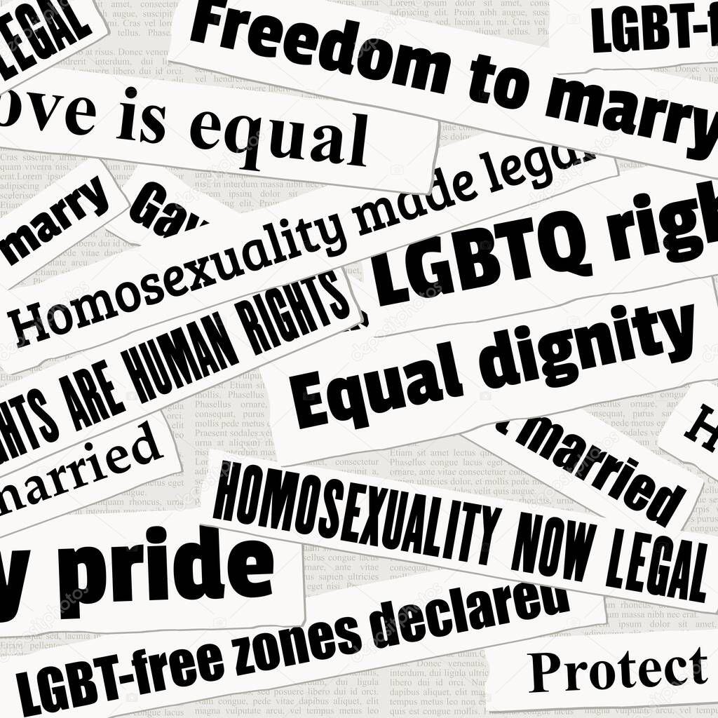 Gay rights and LGBT equality newspaper titles. News headline collection vector.