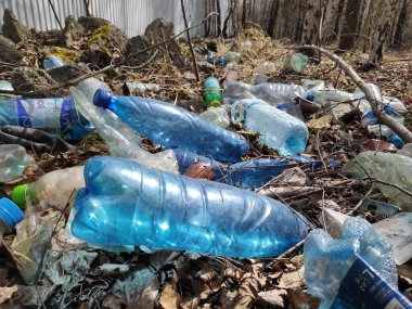 KATOWICE, POLAND - 2 Mayıs 2020: Polonya 'nın Silezya bölgesinde Katowice yakınlarındaki bir ormanda yasadışı olarak terk edilmiş evcil hayvan şişesi çöplüğü.