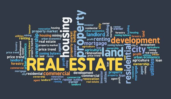 Концепция недвижимости. Знак облака слова недвижимости.
