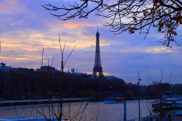 Paris Şehri Fransa Eyfel Kulesi Kış Günbatımında — Stok fotoğraf