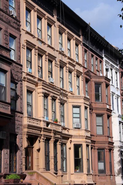 New York brownstone architecture. Upper West Side Manhattan street view.