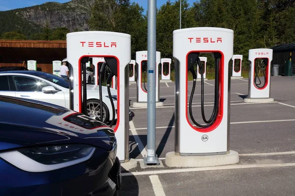 HOVDEN, NORWay - 31 Temmuz 2020: Tesla Motors Norveç 'in Hovden kentindeki bir dağ kasabasındaki Tesla şarj istasyonunun şarj aletlerinin önüne park edilmiş elektrikli arabalar.