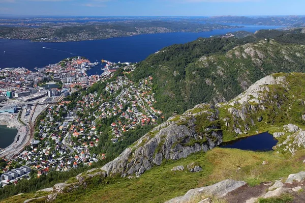 Bergen City Norway Summer Aerial View Downtown Bergenhus Fjellsiden Districts — Stock Photo, Image