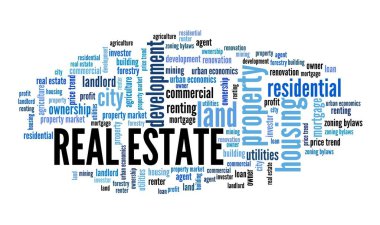 Emlak konsepti. Emlak metin bulutu işareti.