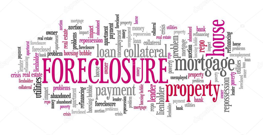 Foreclosure concept. Real estate issues: foreclosure word cloud sign.