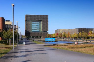 ESSEN, GERMANY - SEPTEMBER 20, 2020: ThyssenKrupp company headquarters in Essen, Germany. ThyssenKrupp is an industrial conglomerate, one of largest manufacturers of steel worldwide. clipart