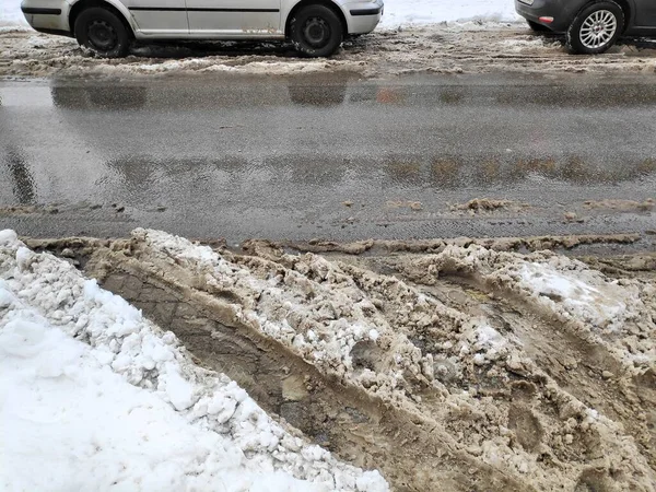 Lama Neve Suja Varsóvia Polônia Problema Manutenção Rua Inverno — Fotografia de Stock