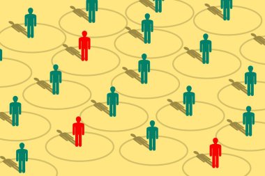 Kırmızıyla işaretlenmiş hasta insanlarla sosyal uzaklık kavramı. Birbirlerinden uzak duran insanlar..