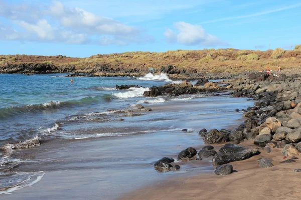 Teneriffa Landschaft Auf Den Kanarischen Inseln Dunkler Sandstrand Der Costa — Stockfoto