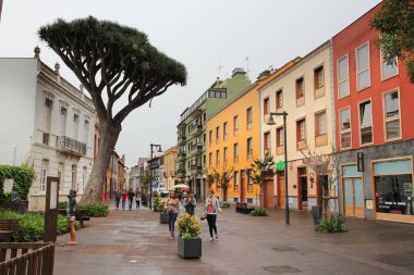 TENERIFE, SPAIN - 30 Ekim 2012: İnsanlar Tenerife 'deki La Laguna adlı UNESCO Dünya Mirasları Alanı olarak listelenen kenti ziyaret ediyorlar. Tam kasabanın adı San Cristobal de la Laguna..