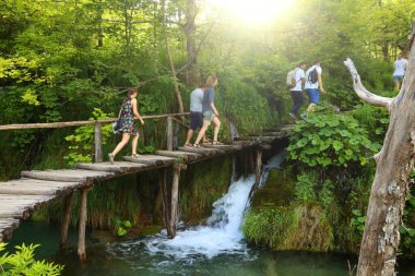 PLITVICE, CROATIA - 15 Haziran 2019: İnsanlar Hırvatistan 'daki Plitvice Lakes Ulusal Parkı' nı (Plitvicka Jezera) ziyaret ediyor. Plitvice, 2017 yılında 1,7 milyon ziyaretçiyle Hırvatistan 'ın en popüler ulusal parkı oldu..