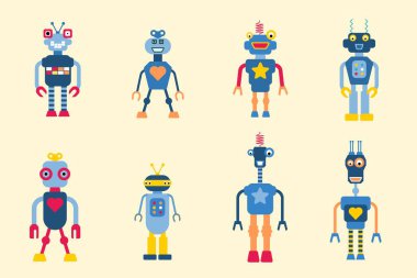 Oyuncak robotlar vektör koleksiyonunu izole etti. 1980 'lerin eski tarz sevimli robot karakter örnekleme seti.