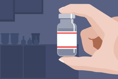 İlaç, eczacılık için boş şablon. El ele tutuşup ilaç şişesi alıyoruz. Bilimsel araştırma. Kopyalama alanı olan boş şişe.