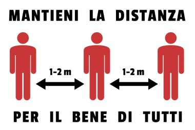 İtalyanca sosyal uzaklık işareti vektörü. Mantieni la distanza - mesafeyi koru. Salgın önleme tedbirleri.