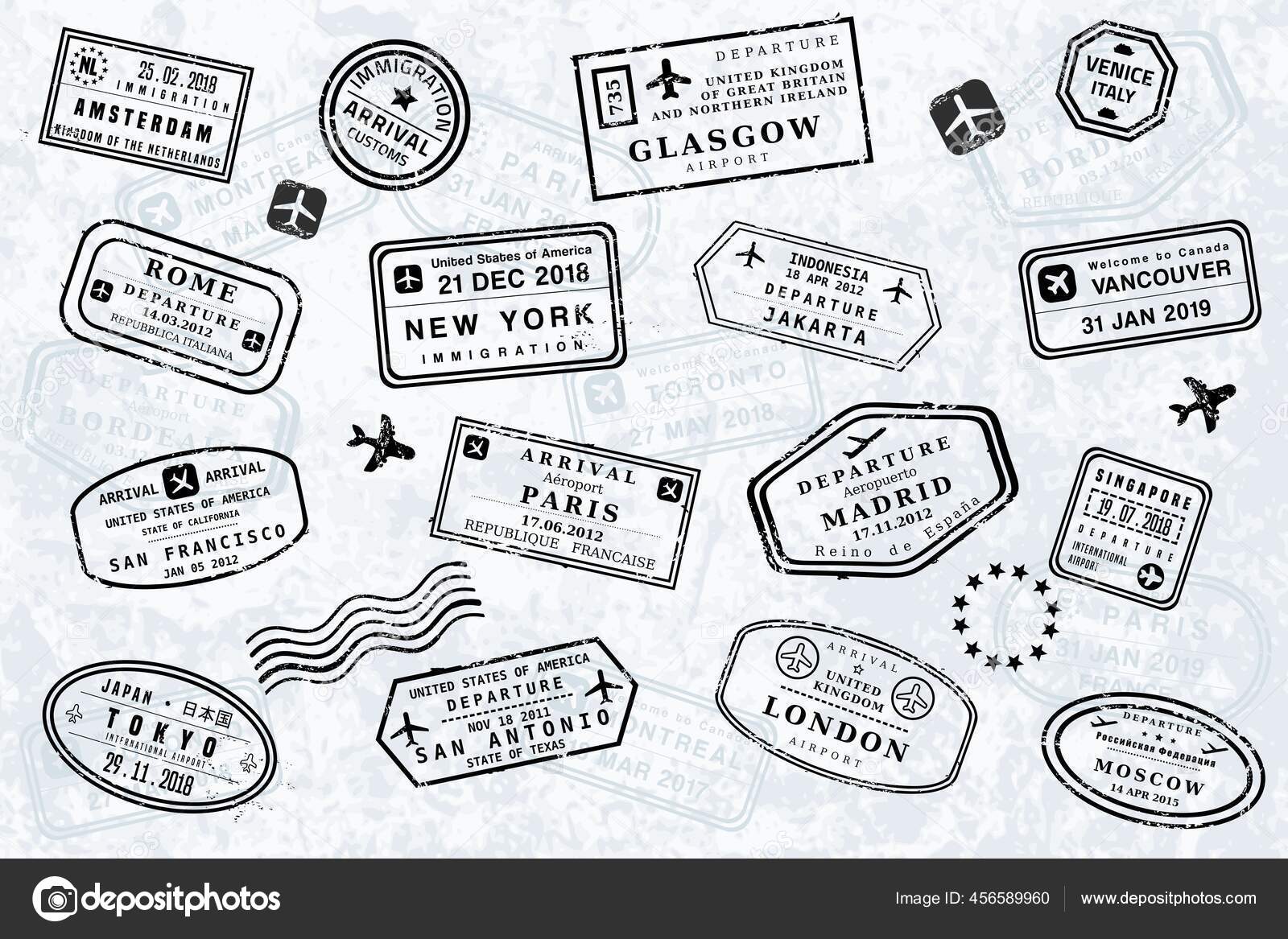 World Travel Passport Stamps Vector Illustration Old Style Visa Passport  Stock Vector by ©tupungato 456589960