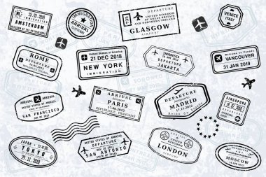 Dünya seyahati pasaport pulları. Vektör illüstrasyonu eski tarz vize pasaport damgası ayarlandı. Yenilik pulları (resmi sürümler değil).