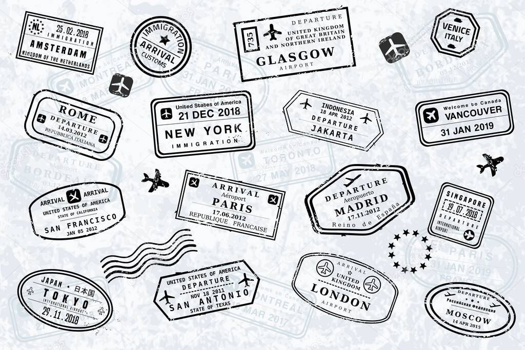 World travel passport stamps. Vector illustration old style visa passport stamp set. Novelty stamps (not official versions).