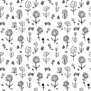 Siyah beyaz çiçek dokusu. Çiçek kumaşı tasarımı. El çizimi çiçek karalaması pürüzsüz desen.