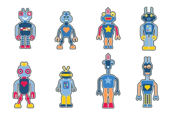Kolekcja Naklejek Wektorowych Robotów Cute Retro Zabawki Roboty Ilustracji Zestaw — Wektor stockowy