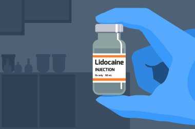 Lidocaine anesthetic drug. Medical science. Bottle of drug. Pharmaceutical industry research concept. clipart