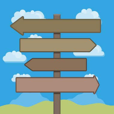 Arkaplanda manzarası olan boş tahta ok yön işaretleri. Vektör illüstrasyonu.