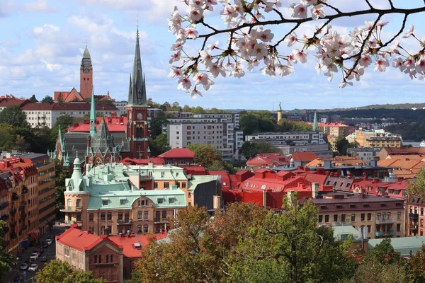 Tavasz Göteborg Város Svédországban Göteborg Városképe Olivedal Kerületben Cseresznyevirág Tavasszal — Stock Fotó