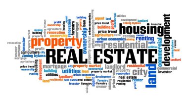 Emlak konsepti. Emlak sözcüğü bulut işareti.