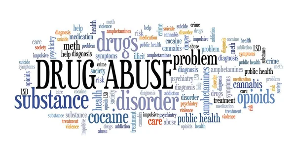 Drug Abuse Słowo Chmura Kolaż Koncepcje Uzależnienia Narkotyków Tekst Chmura — Zdjęcie stockowe