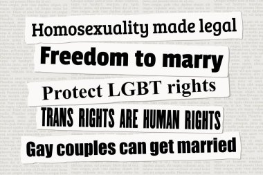 Eşcinsel hakları ve LGBT eşitlik gazetesi başlıkları. Haber başlığı koleksiyon vektörü.