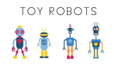 Tecrit edilmiş oyuncak robotlar vektör koleksiyonu. 1980 'lerin modası şirin robot karakter çizimi.