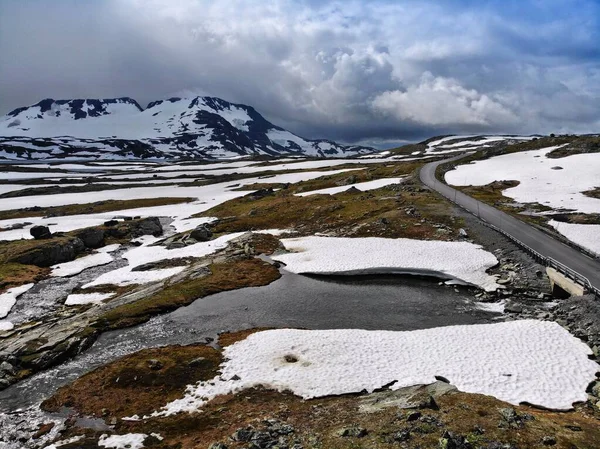 Norway nature - Jotunheimen mountains summer landscape. Fantestein pass of Sognefjell Road. Drone aerial view of Norway.