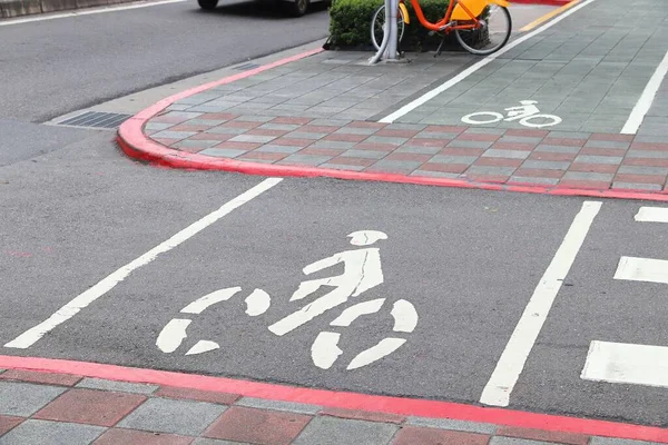 Bicycle lane in Taipei, Taiwan. Transportation infrastructure. Bicycle crossing.