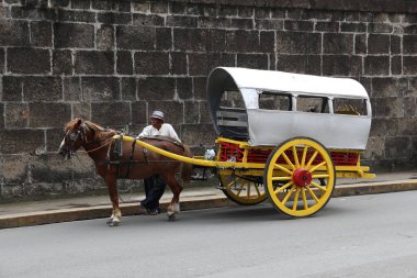 MANILA, PHILIPPINES - 25 Kasım 2017: Sürücü Intramuros, Filipinler 'de at arabasının yanında duruyor. At turları Manila 'da popüler bir turistik merkezdir..