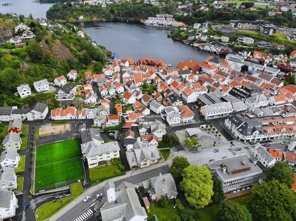 Noruega Vista Del Dron Flekkefjord Ciudad Portuaria Condado Vest Agder —  Fotos de Stock