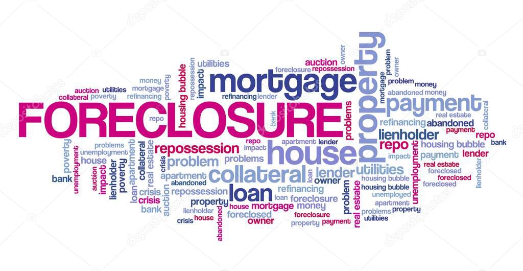 Foreclosure concept. Real estate issues: foreclosure word cloud sign.