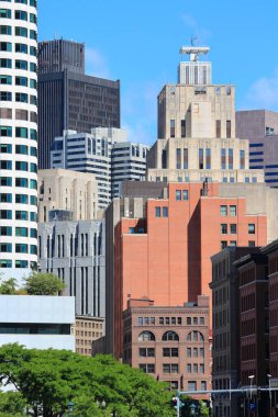 Boston şehrinin silüeti. Massachusetts, ABD 'de şehir silueti manzarası.