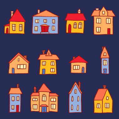 Kasaba evleri vektör koleksiyonu. Sevimli çizgi film tarzı ev seti.