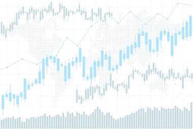 İnce bir geçmiş araştırması. Arkaplanda nokta dünya haritası olan borsa için mum çubuğu grafikleri. Borsa kavramsal arka planı.