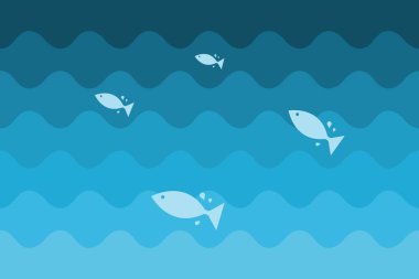 Sudan çıkan balıklar. Deniz dalgaları arka planına sahip basit vektör illüstrasyonu.