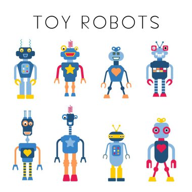 Oyuncak robotlar vektör koleksiyonunu izole etti. Retro 1990lar tarzı sevimli robot karakter örnekleme seti.