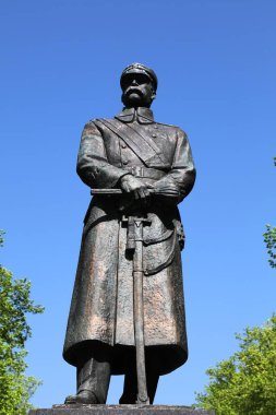 GLIWICE, POLAND - 11 Mayıs 2021: Jozef Pilsudski Polonya 'nın Gliwice şehrinde ulusal kahraman anıtı. Sanatçı Tadeusz Lodzian 'ın anma töreni 1998 yılında kamuya açık alanda gerçekleşti..