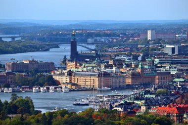 İsveç 'te Stockholm şehrinin silueti. Hava görünümü.