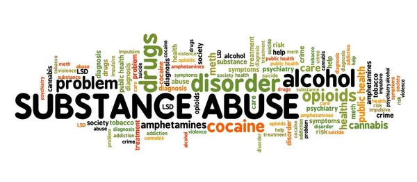 Nadużywanie Słowa Chmura Collage Koncepcje Uzależnienia Narkotyków Alkoholu Chmura Tekstowa — Zdjęcie stockowe