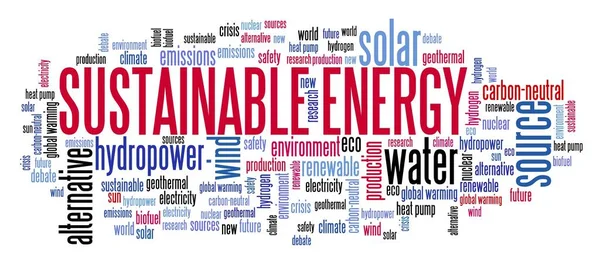 Koncept Udržitelné Energie Slovní Znak Mračna Zdrojů Obnovitelné Energie — Stock fotografie