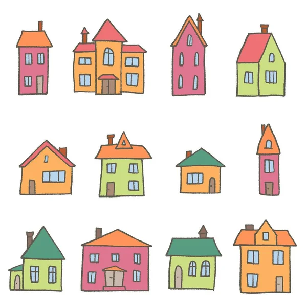 Maisons Ville Collection Vectorielle Mignon Jeu Maison Style Doodle Dessin — Image vectorielle