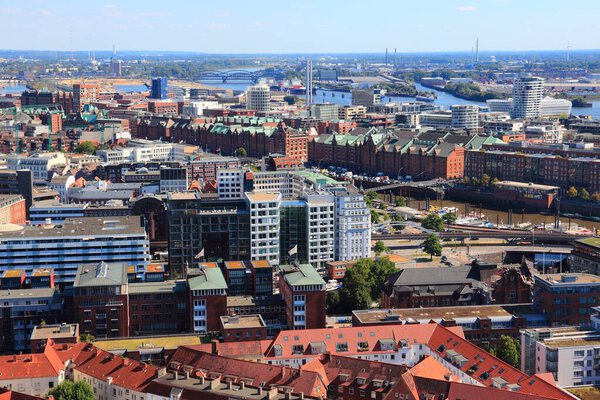 Hamburg city, Germany. Urban skyline aerial view with Speicherstadt former industrial district.