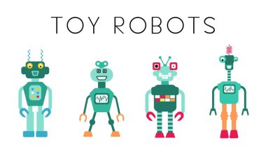 Robot vektör. Oyuncak robot koleksiyonu. Retro tarzı sevimli robot karakter çizim seti.