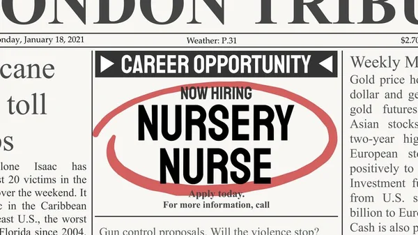 Nursery Nurse Career Recruitment Offer Job Newspaper Classified Career Opportunity — Stock Vector