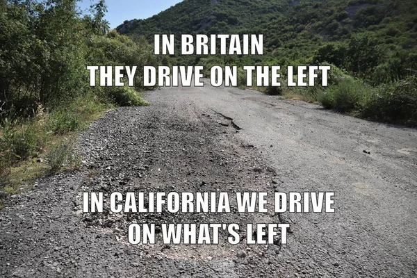 Road quality in California funny meme for social media sharing. Road potholes and maintenance joke.